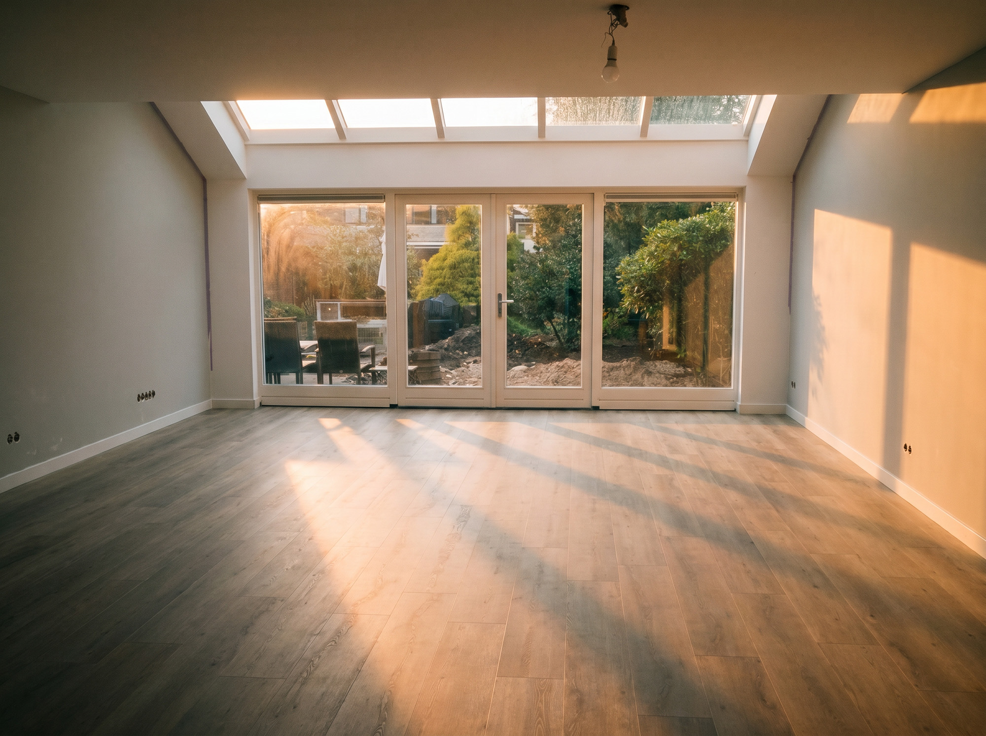 Ruime, moderne woonkamer met licht eiken PVC-vloer, grote glazen schuifpuien en een lichtstraat die zorgt voor veel natuurlijk daglicht. De ruimte is strak afgewerkt met witte wanden en biedt uitzicht op de tuin.