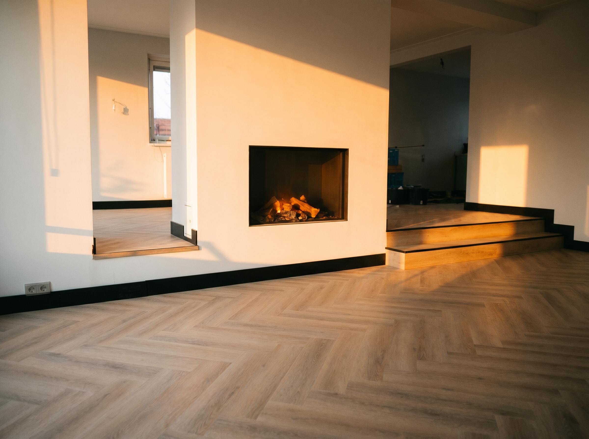 Moderne, lege woonkamer met visgraatvloer, ingebouwde haard en warme zonlichtvlakken op de witte muren